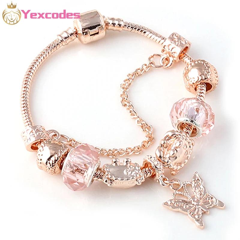 Rose Gold Butterfly Charm Bracelet with Crown Beads