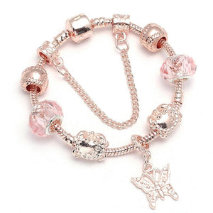 Rose Gold Butterfly Charm Bracelet with Crown Beads