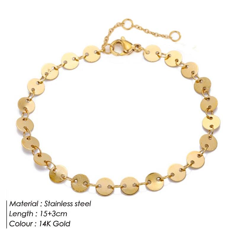 Gold-Plated Beaded Disc Coin Chain Bracelet Stainless Steel Jewelry Women Gift