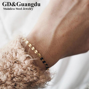 Gold-Plated Beaded Disc Coin Chain Bracelet Stainless Steel Jewelry Women Gift