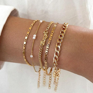 Tassel Chain Bracelet Set Geometric Letters Pearl Charm Bangles Vintage