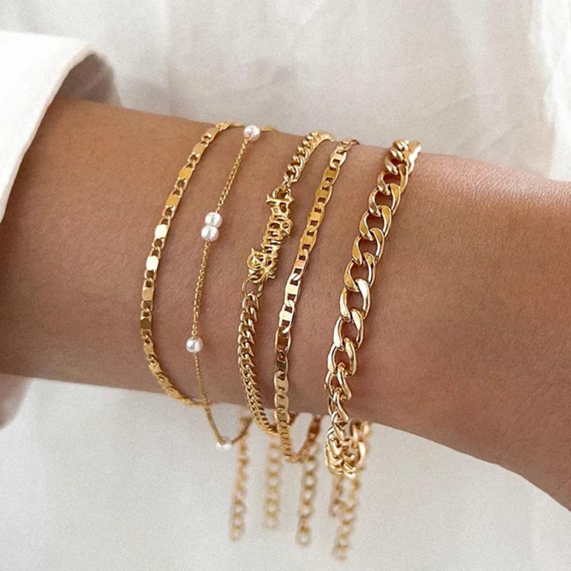 Tassel Chain Bracelet Set Geometric Letters Pearl Charm Bangles Vintage