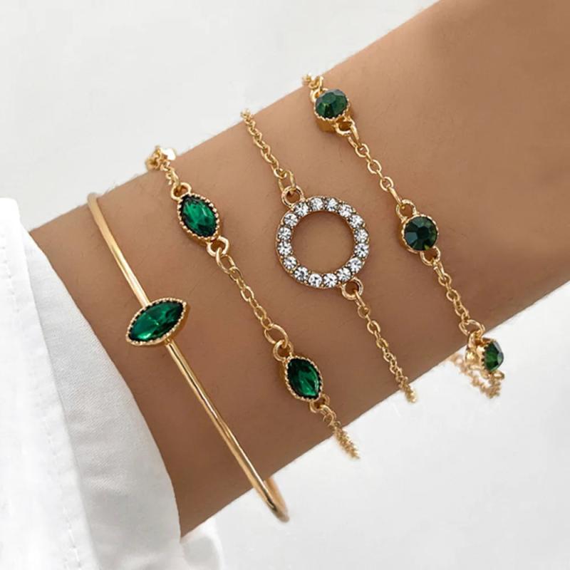 Vintage Bohemian Chain Bracelet Sets Green Rhinestone Circel Charm Bracelet