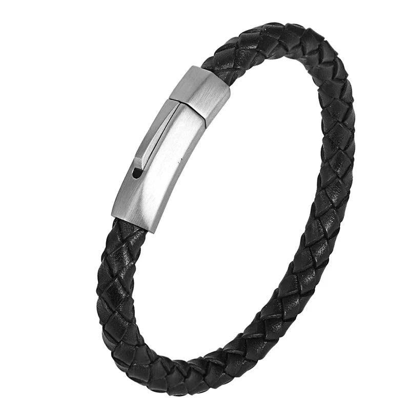 Braided Leather Bracelet Stainless Steel Buckle Retro Male Bracelets Bangles