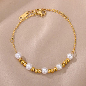 Metal Beads Pearl Ball Bracelet for Women Stainless Steel Adjustable