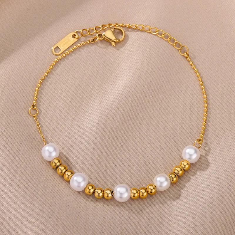 Metal Beads Pearl Ball Bracelet for Women Stainless Steel Adjustable