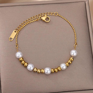 Metal Beads Pearl Ball Bracelet for Women Stainless Steel Adjustable