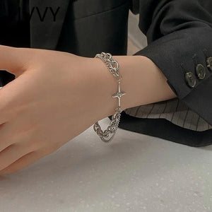 Silver Double Layer Chain Bracelets Vintage Cross Geometric Punk