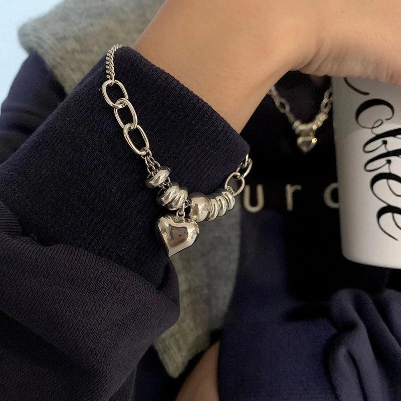 Silver Big Love Heart Pendant Bracelet Round Beads Connection Jewelry