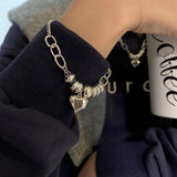 Silver Big Love Heart Pendant Bracelet Round Beads Connection Jewelry