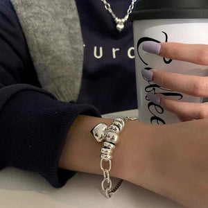Silver Big Love Heart Pendant Bracelet Round Beads Connection Jewelry