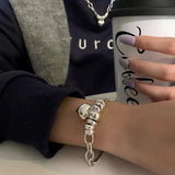 Silver Big Love Heart Pendant Bracelet Round Beads Connection Jewelry