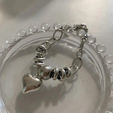Silver Big Love Heart Pendant Bracelet Round Beads Connection Jewelry