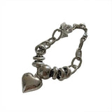 Silver Big Love Heart Pendant Bracelet Round Beads Connection Jewelry