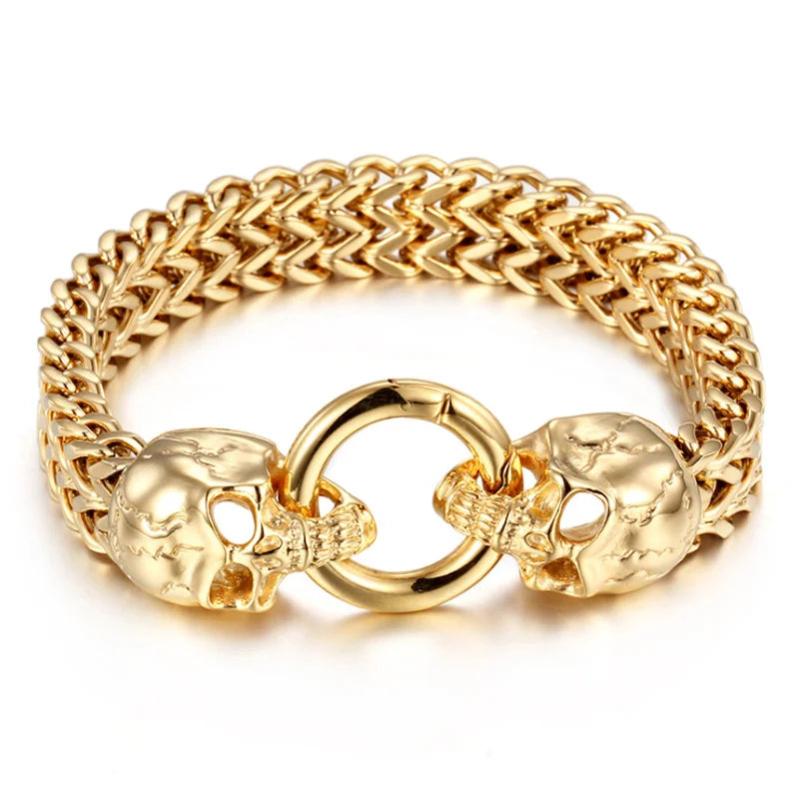 Gothic Double Skull Head Chain Bracelet Men's Biker Punk Jewelry
