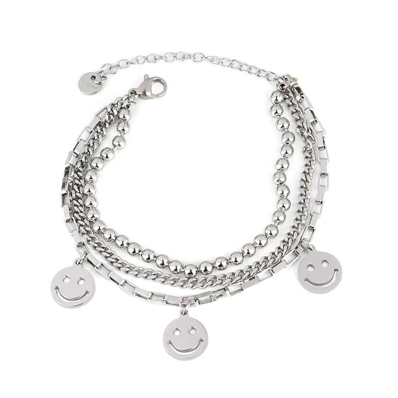 Smiling Face Charm Bracelet Silver Multilayer Jewelry