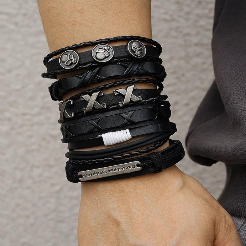 Vintage Gothic Punk Skull Metal Multilayer Leather Bracelet Men