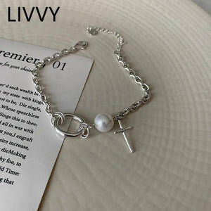 Silver Cross Pearl Round Bracelet Charm Women Delicated All Match Chain Bracelet