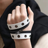 Gothic Wide Leather Bracelet with Zipper Rivet