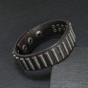 Stainless Steel Wide Alloy Bullet Bracelet Cowhide Leather Bracelet for Men