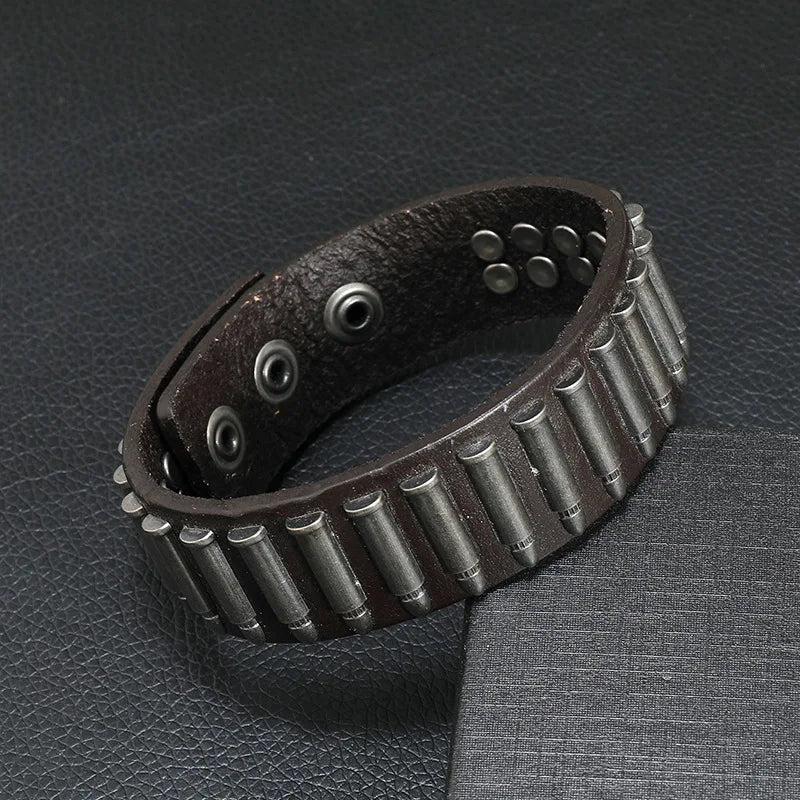 Stainless Steel Wide Alloy Bullet Bracelet Cowhide Leather Bracelet for Men