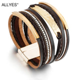 Men's Leather Bracelet Metal Bar Charm Wide Wrap Boho Punk Jewelry
