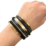 Men's Leather Bracelet Metal Bar Charm Wide Wrap Boho Punk Jewelry