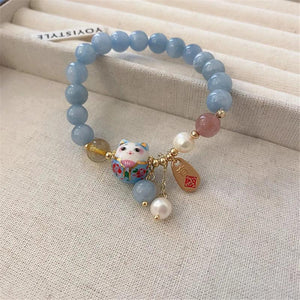 Pearl Agate Lucky Cat Jade Pendant Bracelet for Women