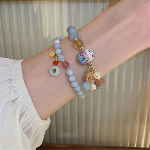 Pearl Agate Lucky Cat Jade Pendant Bracelet for Women