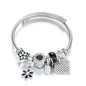 Vintage Stainless Steel Bracelet for Women Flower Crystal Heart Pendant Bangle