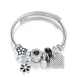 Vintage Stainless Steel Bracelet for Women Flower Crystal Heart Pendant Bangle