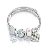 Vintage Stainless Steel Bracelet for Women Flower Crystal Heart Pendant Bangle