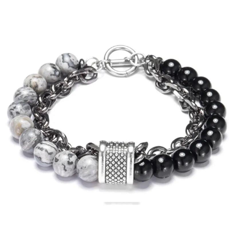FDLK Map Stone Men's Beaded Bracelet Stainless Steel Male Jewelry
