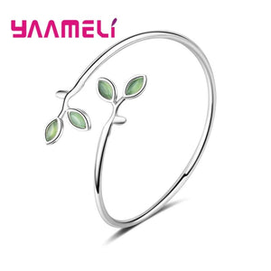 Green Glaze Enamel Leaf Bangle S925 Sterling Silver Bracelet