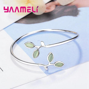 Green Glaze Enamel Leaf Bangle S925 Sterling Silver Bracelet