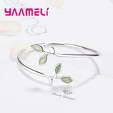 Green Glaze Enamel Leaf Bangle S925 Sterling Silver Bracelet