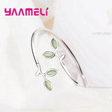 Green Glaze Enamel Leaf Bangle S925 Sterling Silver Bracelet