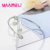Green Glaze Enamel Leaf Bangle S925 Sterling Silver Bracelet