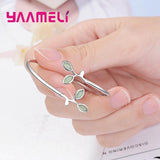 Green Glaze Enamel Leaf Bangle S925 Sterling Silver Bracelet