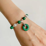 Green Stone Donuts Pendant Bracelet w/ Freshwater Pearl Charm
