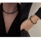 Leather Lock Bone Necklace Bracelet Set Vintage Women Bracelets