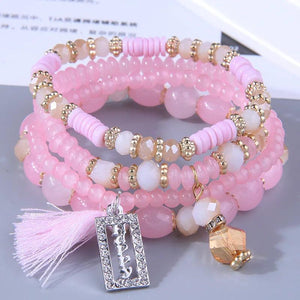 Boho Crystal Bead Bracelet Multilayer Tassel Letters Elastic Rope