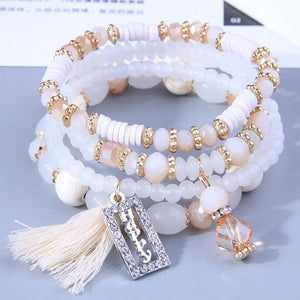 Boho Crystal Bead Bracelet Multilayer Tassel Letters Elastic Rope