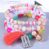 Boho Crystal Bead Bracelet Multilayer Tassel Letters Elastic Rope