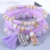 Boho Crystal Bead Bracelet Multilayer Tassel Letters Elastic Rope