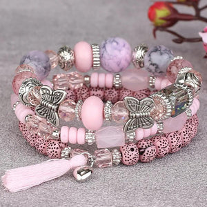 Bohemian Pink Crystal Beads Bracelet Butterfly Charm Elastic Rope Bracelet