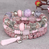 Bohemian Pink Crystal Beads Bracelet Butterfly Charm Elastic Rope Bracelet