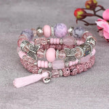 Bohemian Pink Crystal Beads Bracelet Butterfly Charm Elastic Rope Bracelet