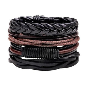 Vintage Men's Leather Bracelet Wood Stone Beads Charm Multilayer Braided