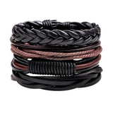 Vintage Men's Leather Bracelet Wood Stone Beads Charm Multilayer Braided